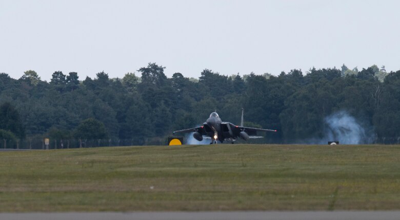 An F-15C Eagle assigned to the 493rd Fighter Squadron returns to Royal Air Force Lakenheath, England, July 12, 2019. Members of the 493rd FS and 748th Aircraft Maintenance Squadron were deployed to an undisclosed location for six months. (U.S. Air Force photo by Senior Airman Malcolm Mayfield)