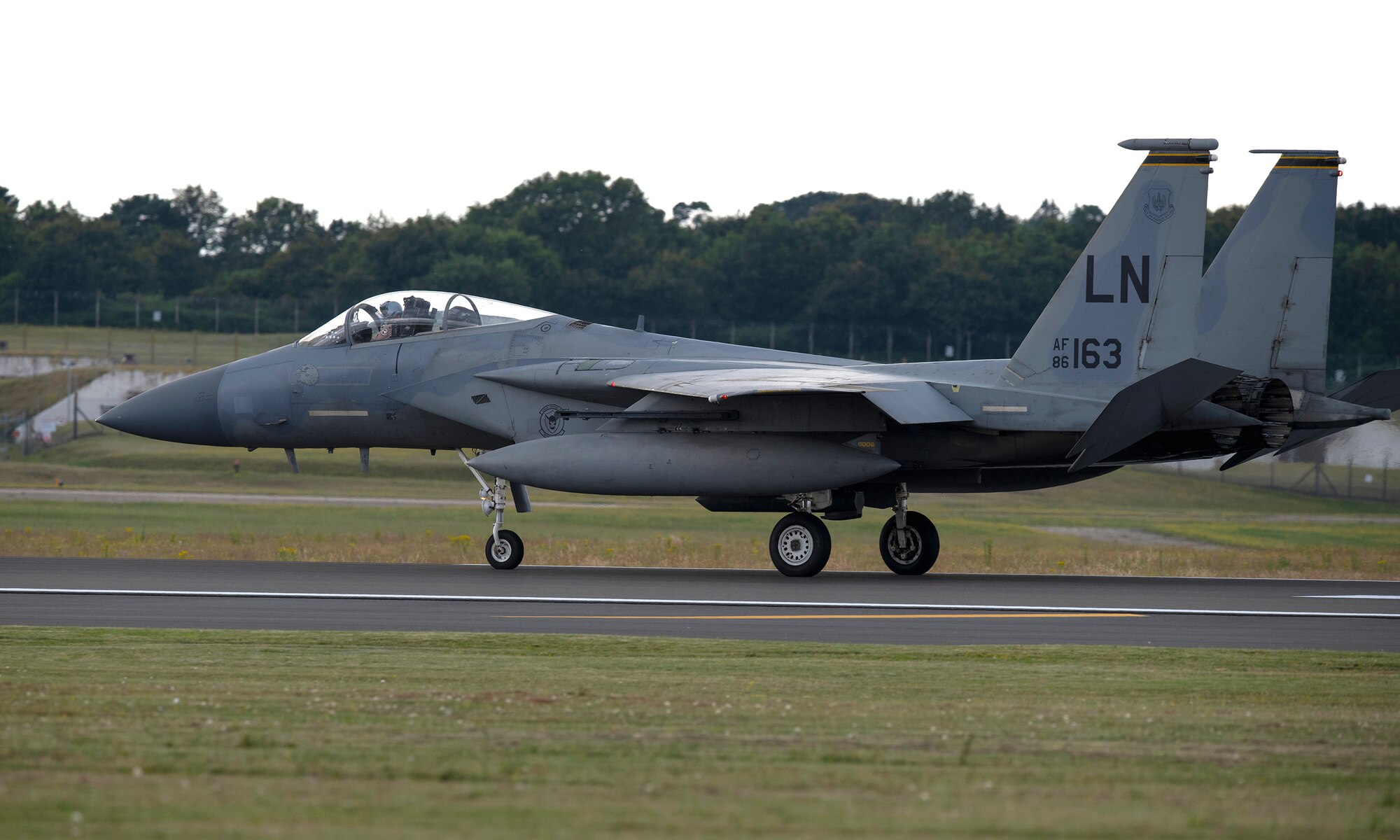 An F-15C Eagle assigned to the 493rd Fighter Squadron returns to Royal Air Force Lakenheath, England, July 12, 2019. Members of the 493rd FS and 748th Aircraft Maintenance Squadron were deployed to an undisclosed location for six months. (U.S. Air Force photo by Senior Airman Malcolm Mayfield)