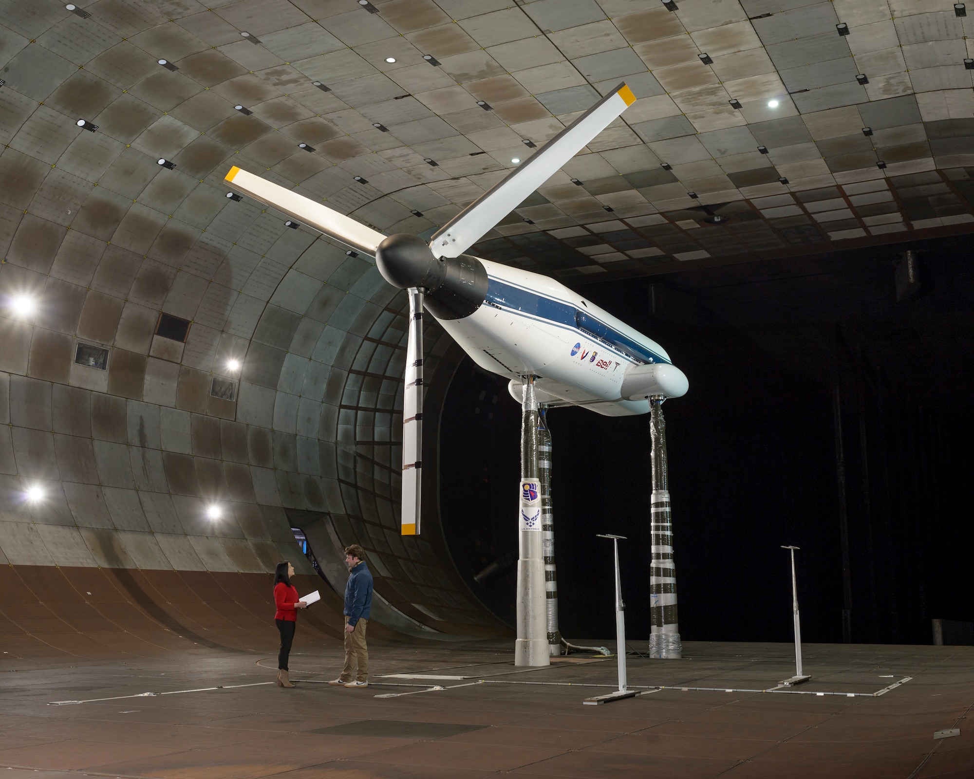The Tiltrotor Test Rig test team at the AEDC National Full-scale Aerodynamic Complex in Moffett Field, California, conducts full envelope evaluation of the first civil tiltrotor system that will be entering commercial usage by 2020. This test was the first use of the TTR and served as checkout and operational verification test of the new $30 million national test capability for future generation tiltrotor aircraft. The TTR is pictured here in the 40-by-80 foot wind tunnel at NFAC. (U.S. Air Force photo)