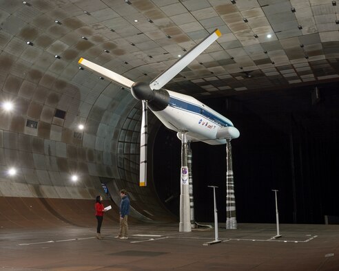 The Tiltrotor Test Rig test team at the AEDC National Full-scale Aerodynamic Complex in Moffett Field, California, conducts full envelope evaluation of the first civil tiltrotor system that will be entering commercial usage by 2020. This test was the first use of the TTR and served as checkout and operational verification test of the new $30 million national test capability for future generation tiltrotor aircraft. The TTR is pictured here in the 40-by-80 foot wind tunnel at NFAC. (U.S. Air Force photo)
