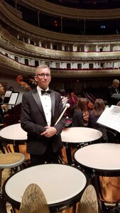 Idaho Army National Guard Chief Warrant Officer 2 Micah Strasser poses for a photo next to his timpani during  a dress rehearsal for a Millennial Choirs and Orchestras performance at New York City's Carnegie Hall July 11, 2019.