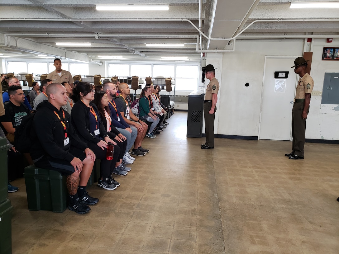 Educators listen attentively as the Drill Instructors introduce themselves during the annual educator’s workshop held at Marine Corps Recruit Depot San Diego. The workshop is an interactive week-long event providing a glimpse into what it takes to become a U.S. Marine.