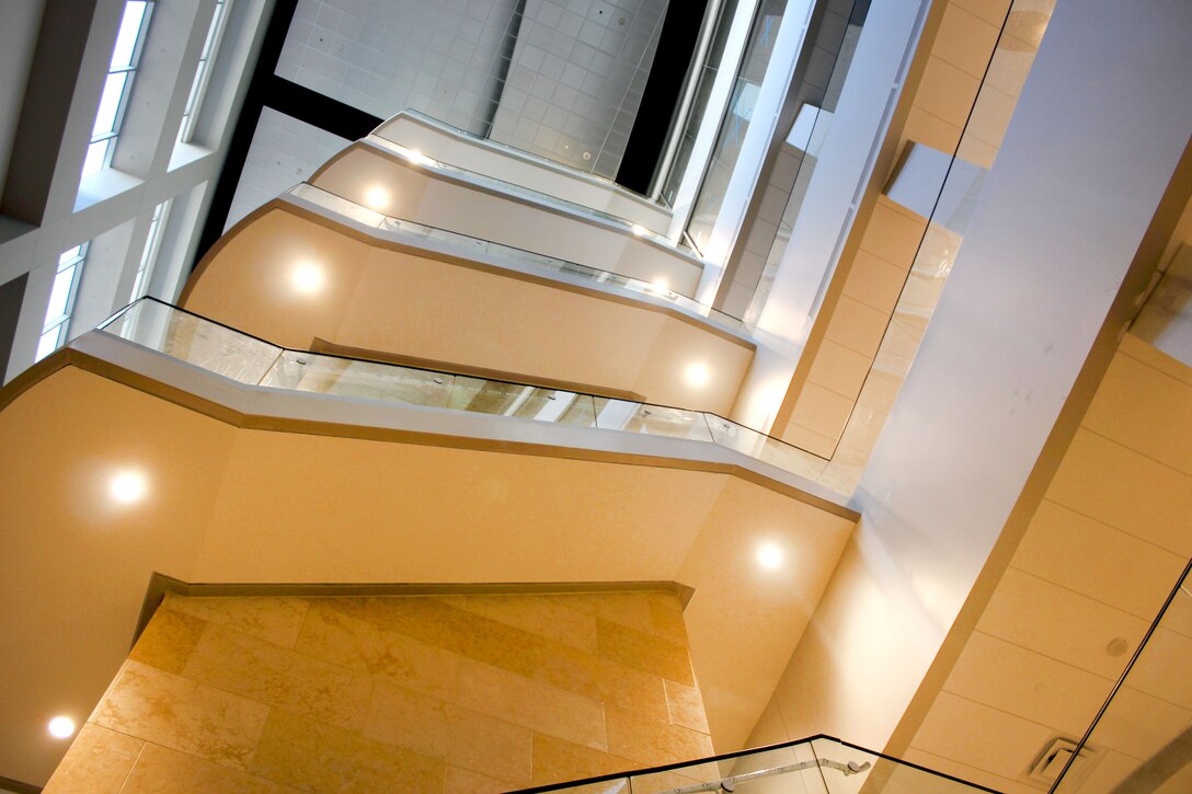 An interior view of the Secure Administrative/Operations Facility's (SAOF) four-story atrium on Fort Belvoir, Va. The U.S. Army Corps of Engineers, Baltimore District, is putting the finishing touches on a state-of-the-art 381,000-square-foot SAOF that will provide the U.S. Army Intelligence and Security Command a consolidated administrative facility to well-equip them for future operations.