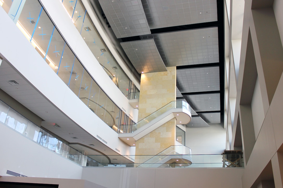 An interior view from within the four-story atrium in the Secure Administrative/Operations Facility (SAOF) on Fort Belvoir, Va. The U.S. Army Corps of Engineers, Baltimore District, is putting the finishing touches on the state-of-the-art 381,000-square-foot SAOF that will provide the U.S. Army Intelligence and Security Command a consolidated administrative facility to well-equip them for future operations.