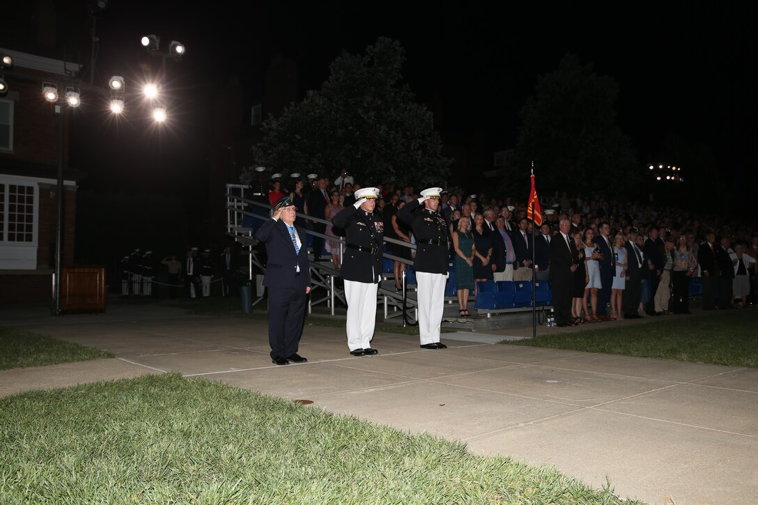 Medal of Honor recipient and retired CWO4 Hershel “Woody” Williams, left, Lt. Gen. Charles G. Chiarotti, deputy commandant, Installations and Logistics, middle, and Col. Donald J. Tomich, commanding officer, Marine Barracks Washington, D.C., render a salute for the “honors” sequence during a Friday Evening Parade at Marine Barracks Washington, D.C., July 19, 2019. Woody Williams was the guest of honor for the parade and Lt. Gen. Chiarotti was the hosting official. (U.S. Marine Corps photo by Sgt. Robert Knapp/Released)