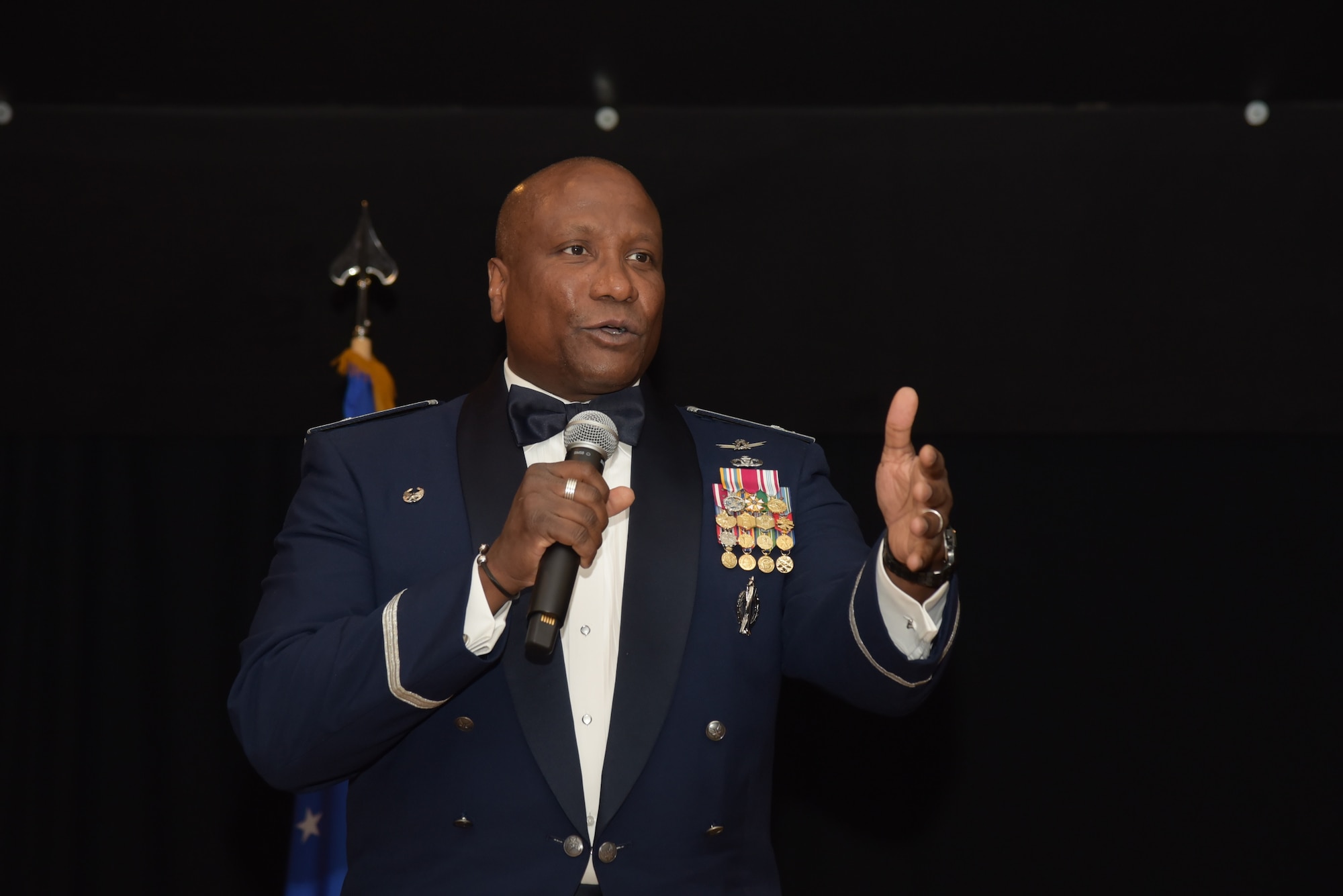 U.S. Air Force Col. Devin Pepper, 460th Space Wing commander, speaks to Airmen during the Senior Non-commissioned Officers Induction Ceremony at Heritage Eagle Bend Golf Club in Aurora, Colo., July 19, 2019. The ceremony formally honored NCOs who were selected to move into the top enlisted tier of the Air Force as master sergeants