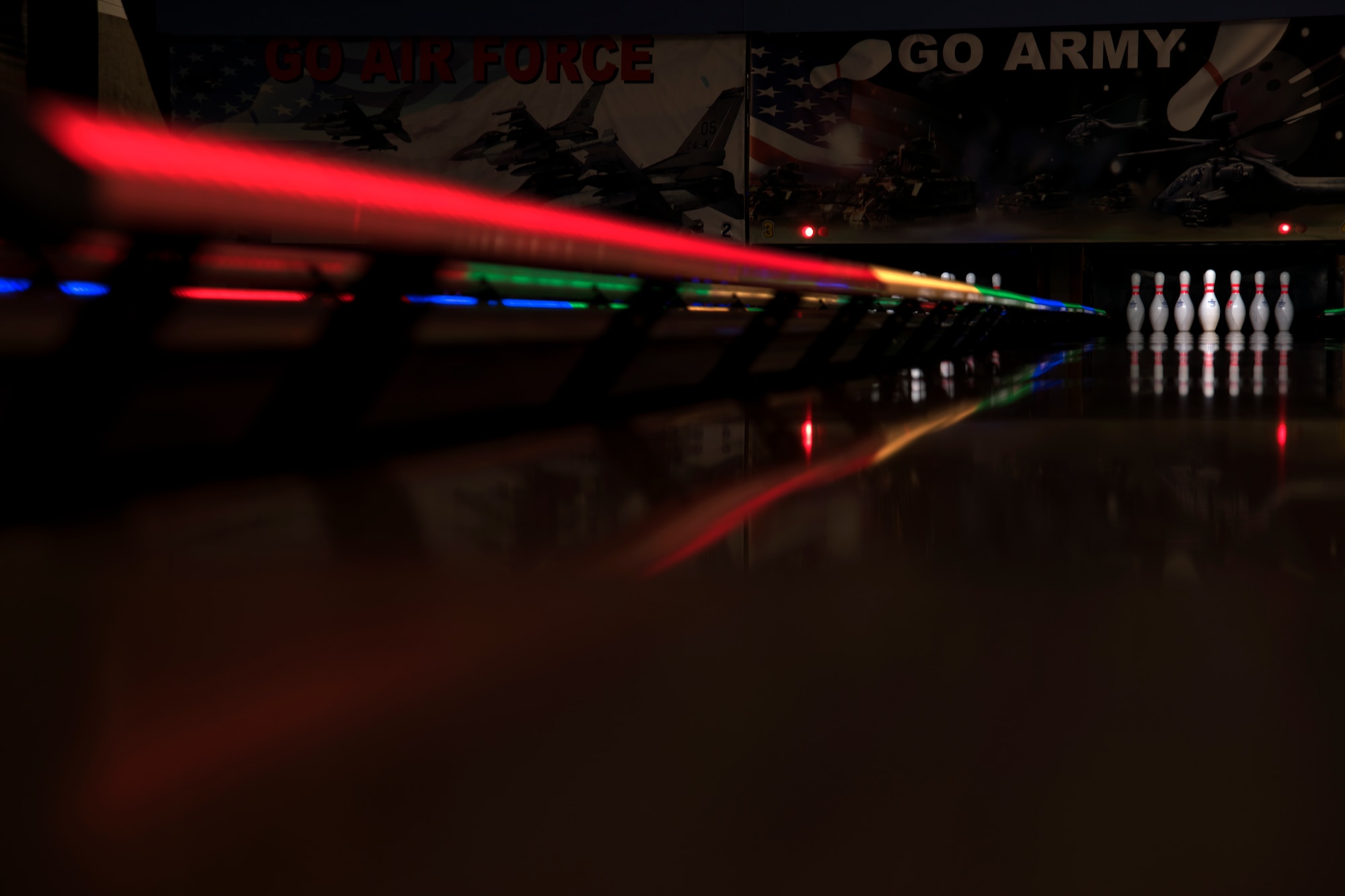 A bumper glows different colors at the 20th Force Support Squadron Shaw Lanes Bowling Center at Shaw Air Force Base, South Carolina, July 19, 2019.