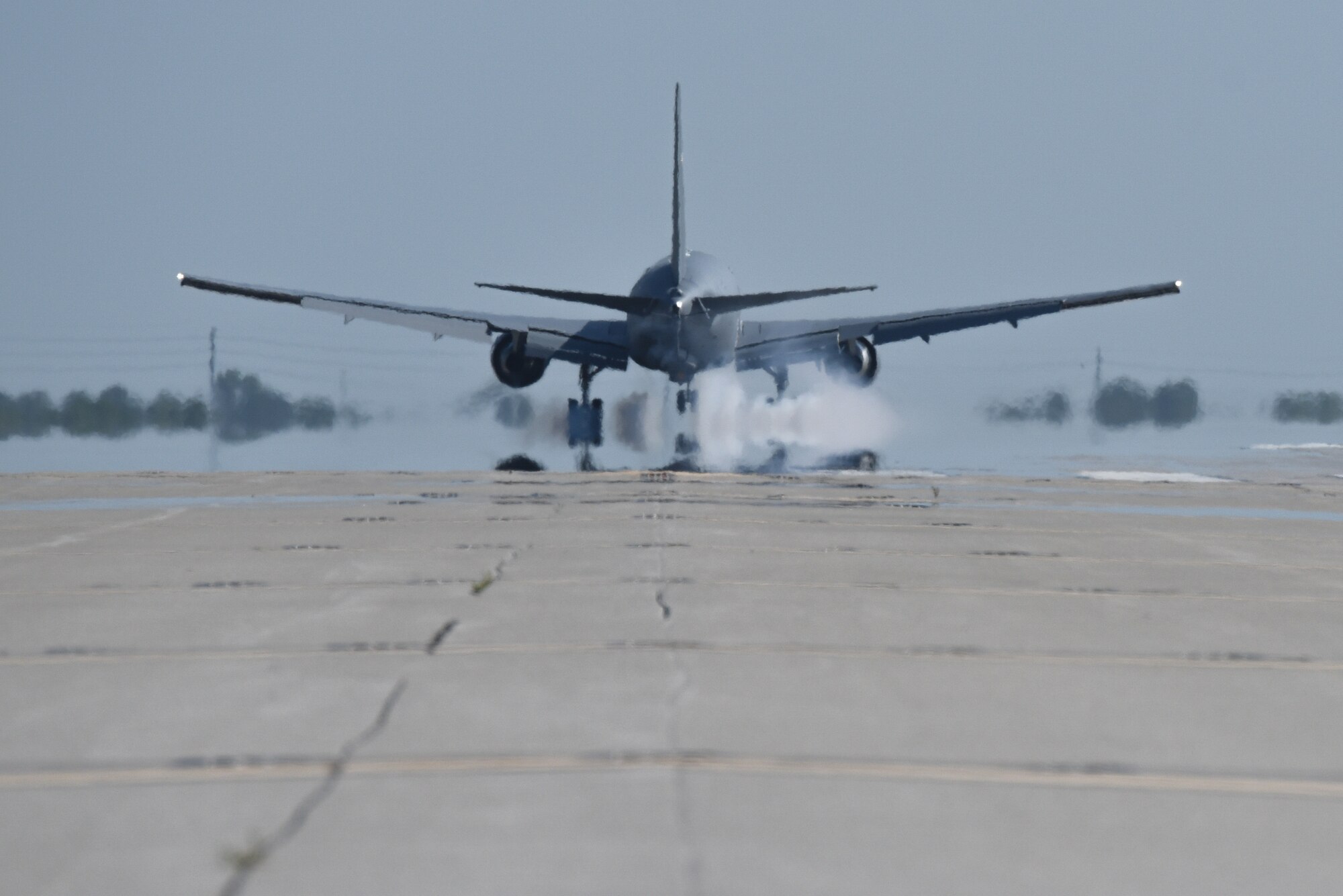 A KC-46A Pegasus lands at McConnell Air Force Base, Kan., July 19, 2019. The aircraft is the eighth addition to McConnell's Pegasus fleet. The installation will be receiving 36 total, next generation aircraft. (U.S. Air Force photo by Airman 1st Class Alexi Myrick)