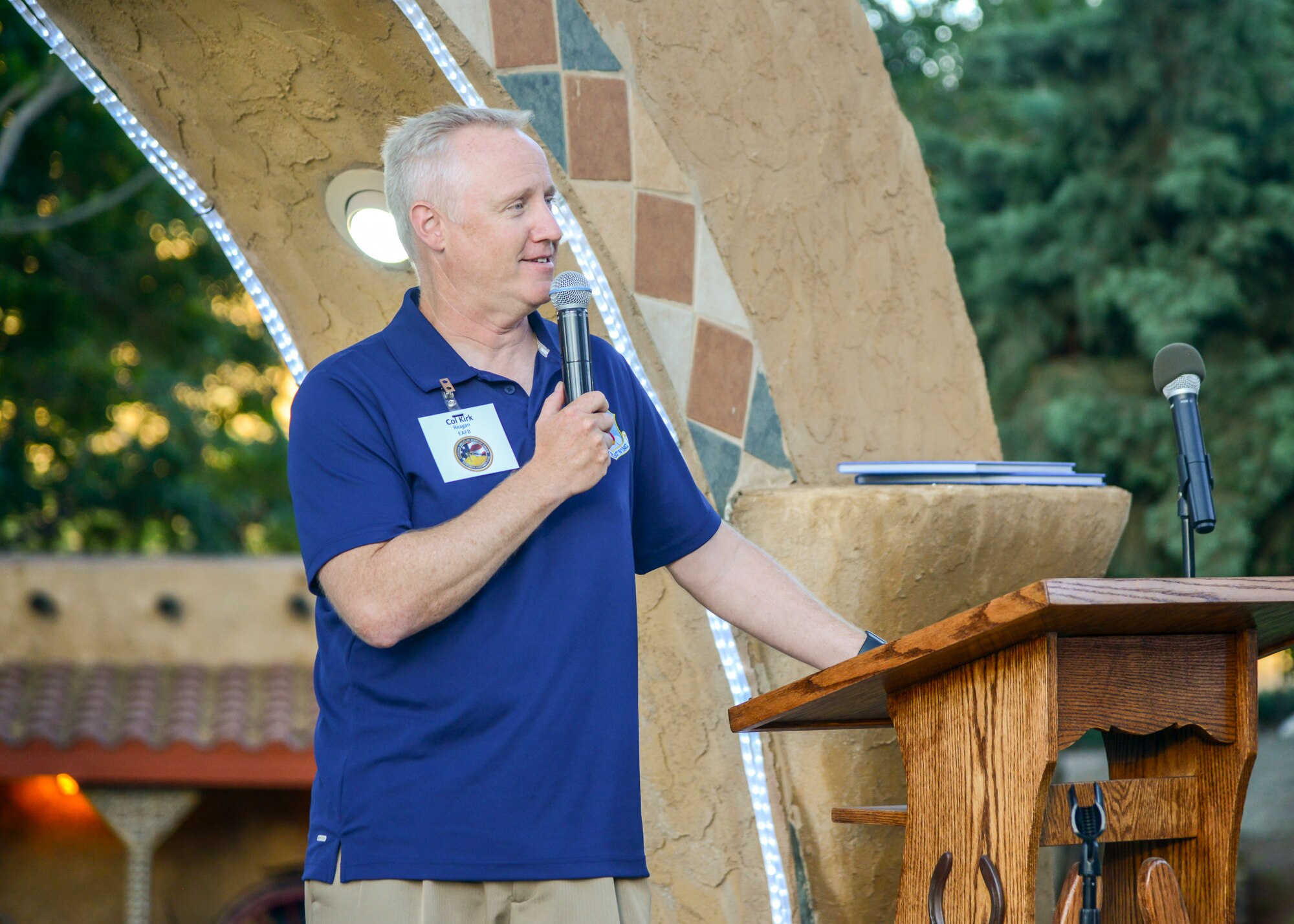 Col. Kirk Reagan, 412th Test Wing Vice Commander, addresses members of the Edwards Air Force Base Civilian-Military Support Group during their annual BBQ dinner at the Hacienda Lane Ranch in Palmdale, Calif., July 18. (U.S. Air Force photo by Giancarlo Casem)