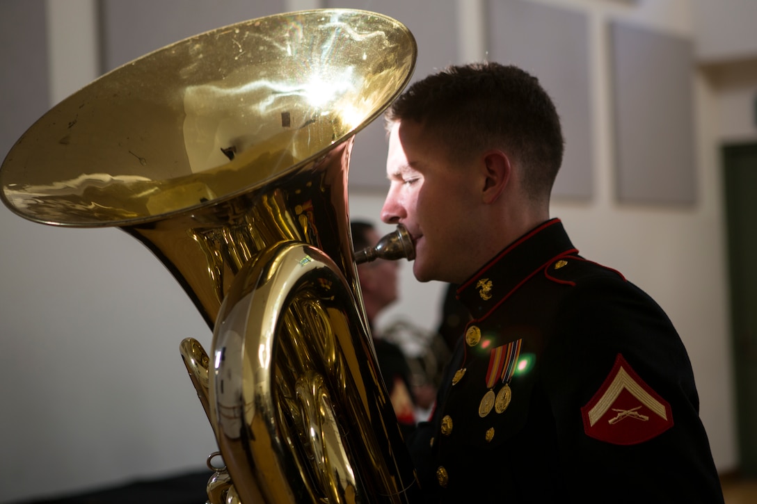 U.S. Marine Corps Lance Cpl. David Peggs, a tuba instrumentalist with the 3rd Marine Aircraft Wing (MAW) Band, tunes his instrument prior to performing at the California Center for the Arts, Escondido, Calif., July 4, 2019. In a show of true “American Celebration”, the name of their Independence Day performance, the 3rd MAW Band performed for the people of San Diego.  (U.S. Marine Corps photo by Lance Cpl. Levi J. Guerra)