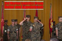 U.S. Marine Corps Brig. Gen. Keith D. Reventlow, left, returns Sgt. Maj. James N. Calbough's salute during a relief and appointment ceremony at the Camp Foster Theater, Okinawa, Japan, June 26, 2019. 3rd Marine Logistics Group conducted a relief and appointment ceremony for Sgt. Maj. James N. Calbough, offgoing 3rd MLG Sergeant Major, and Sgt. Maj. Rodger Newcomb, oncoming 3rd MLG Sergeant Major. Reventlow, a native of Newtown, Connecticut, is the commanding general of 3rd MLG, and Calbough is a native of Trenton, Michigan. (U.S. Marine Corps photo by Sgt. Hailey D. Clay)