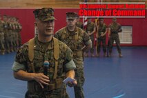 U.S. Marine Corps Lt. Col. Soulynamma D. Pharathikoune delivers his final remarks during the 9th Engineer Support Battalion change of command ceremony on Camp Hansen, Okinawa, Japan, June 27, 2019. The change of command ceremony was conducted for Lt. Col. Pharathikoune, outgoing commanding officer, 9th ESB, 3rd Marine Logistics Group, and Lt. Col. Paul B. Bock, incoming commanding officer, 9th ESB, 3rd MLG. Pharathikoune is a native of Savannah, Georgia, and Bock is a native of Francestown, New Hampshire. (U.S. Marine Corps photo by Cpl. Ryan Harvey)