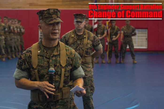U.S. Marine Corps Lt. Col. Soulynamma D. Pharathikoune delivers his final remarks during the 9th Engineer Support Battalion change of command ceremony on Camp Hansen, Okinawa, Japan, June 27, 2019. The change of command ceremony was conducted for Lt. Col. Pharathikoune, outgoing commanding officer, 9th ESB, 3rd Marine Logistics Group, and Lt. Col. Paul B. Bock, incoming commanding officer, 9th ESB, 3rd MLG. Pharathikoune is a native of Savannah, Georgia, and Bock is a native of Francestown, New Hampshire. (U.S. Marine Corps photo by Cpl. Ryan Harvey)