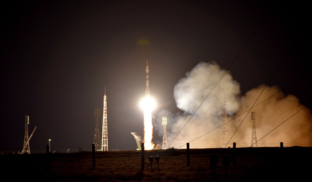 NASA astronaut Col. Andrew Morgan, Luca Parmitano of European Space Agency and Alexander Skvortsov of the Russian space agency Roscosmos launch to the International Space Station on a Soyuz MS-13 from the Baikonur Cosmodrome in Kazakhstan at 11:28 a.m. CDT, July 20. (U.S. Army photo by Ronald Bailey)