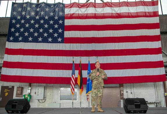 Air Force Chief of Staff Gen. David L. Goldfein speaks to members of the 52nd Fighter Wing at Spangdahelm Air Base, Germany, July 19, 2019. Goldfein reminded Airmen of the importance of a healthy work-life balance. (U.S. Air Force photo by Airman 1st Class Kyle Cope)