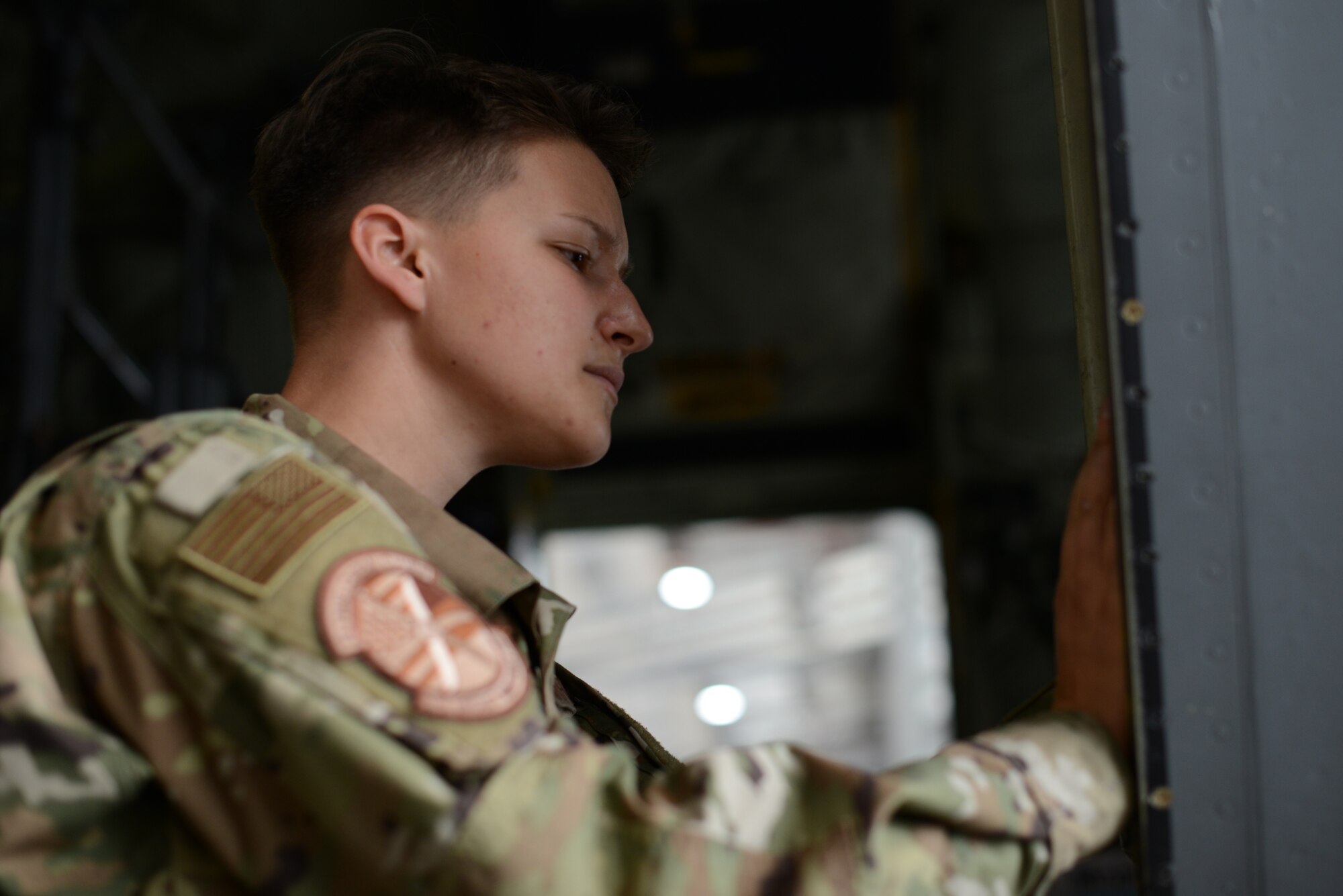 U.S. Air Force Airman 1st Class Jenna Bowen, 86th Aircraft Maintenance Squadron assistant flying crew chief, inspects a C-130J Super Hercules on Ramstein Air Base, Germany, July 18, 2019.