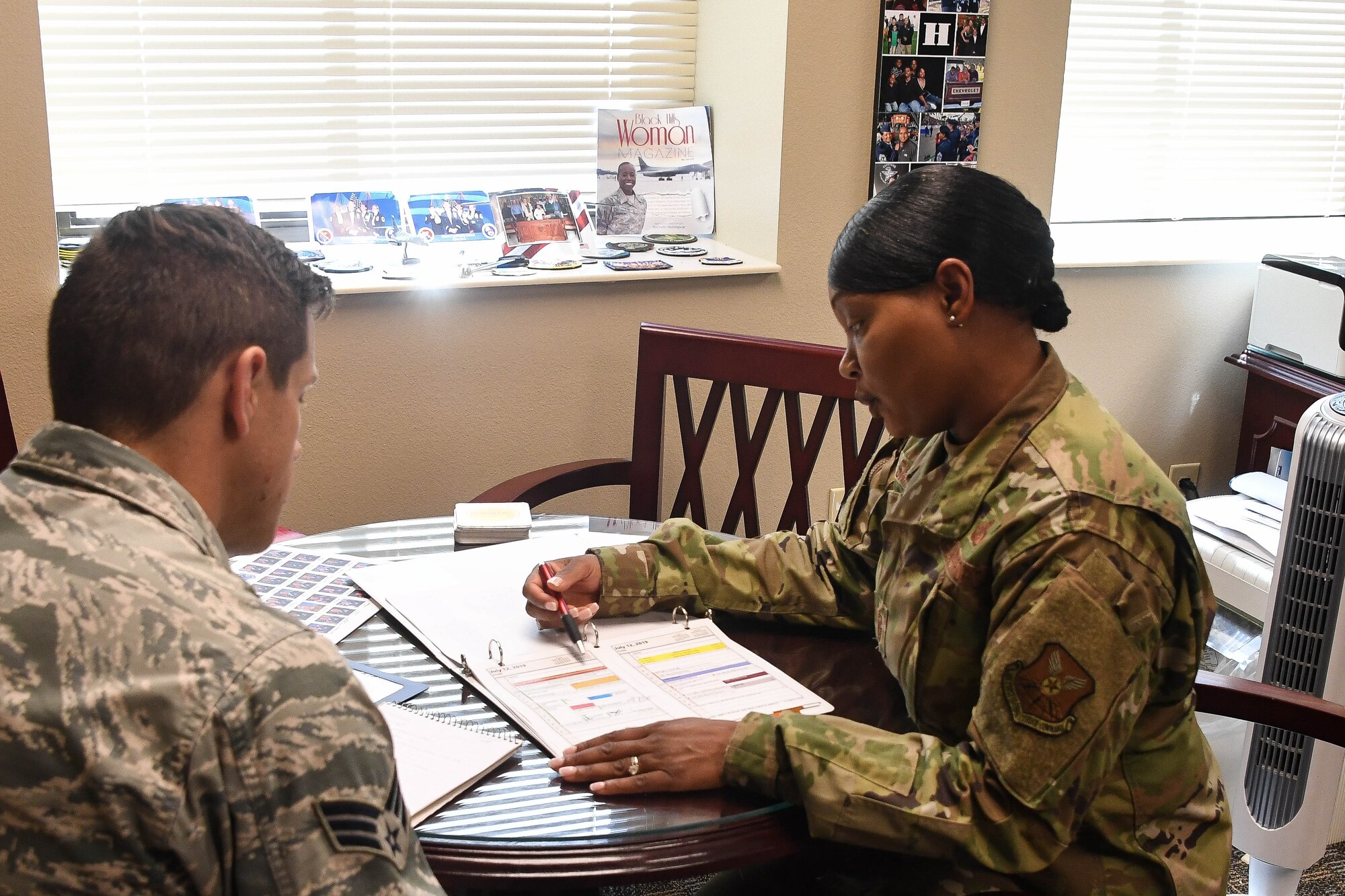 Senior Airman Luke Hill, 8th Air Force and J-GSOC public affairs specialist participates in the Airpower Leadership Academy while shadowing Chief Master Sgt. Melvina Smith, 8th Air Force and J-GSOC command chief. “Shadow Chief for a Day” is an opportunity designed to give Airmen increased insight into organizational leadership and a broader perspective of units within 8th Air Force. (U.S. Air Force photo by Mr. Justin Oakes)