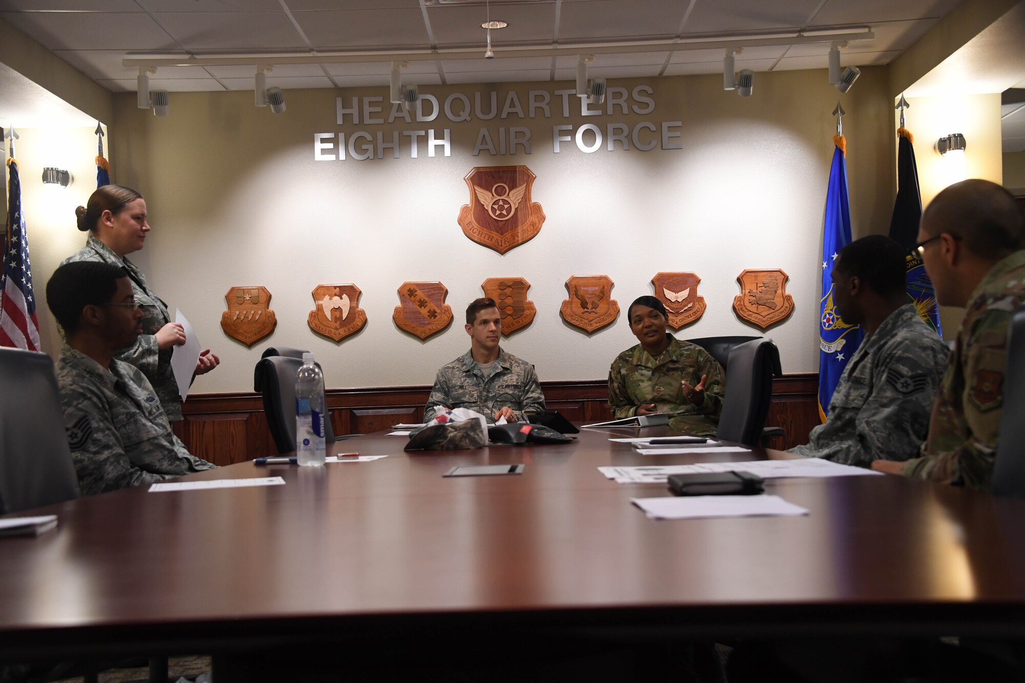 Senior Airman Luke Hill, 8th Air Force and J-GSOC public affairs specialist participates in the Airpower Leadership Academy while shadowing Chief Master Sgt. Melvina Smith, 8th Air Force and J-GSOC command chief. “Shadow Chief for a Day” is an opportunity designed to give Airmen increased insight into organizational leadership and a broader perspective of units within 8th Air Force. (U.S. Air Force photo by Mr. Justin Oakes)