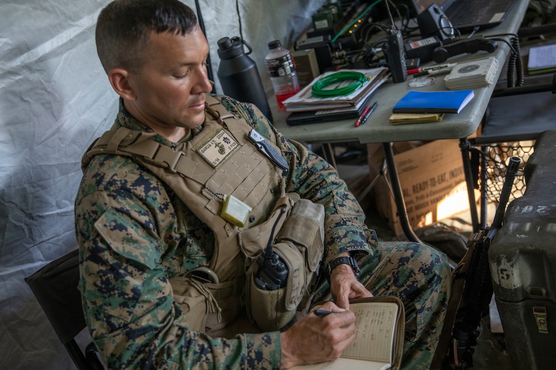 U.S. Marine Lt. Col. Vincent Garcia, battalion commander with 2nd Battalion, 14th Marine Regiment, 4th Marine Division, takes notes at the nightly command update brief during the battalion’s annual training event Operation Zeus, Fort Hood, Texas, July 18, 2019. Annual training exercises ensure Reserve Marines are proficient and capable of successful integration with their active duty counterparts. (U.S. Marine Corps photo by Cpl. Serine Farahi)