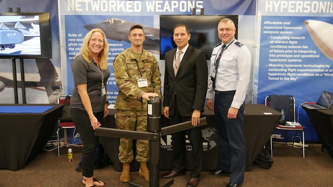 Shelley Rich, Capt. Joshua Lee, Alex Gracia, and Col. Garry Haase, all of AFRL’s Munitions Directorate at Eglin AFB, Florida, spoke about networked weapons during Dayton Defense’s Wright Dialogue With Industry, July 16-18 at the Dayton Convention Center. A suite of new technologies will give new generation weapons the ability to penetrate, operate and prosecute targets in complex, area-denied environments. (Courtesy photo)