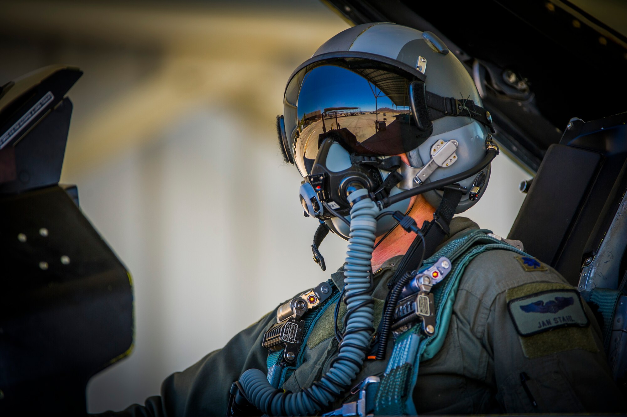 Lt. Col. Jan Stahl, 706th Fighter Squadron commander, conducts pre-flight checks inside an F-16 fighting falcon July 16, 2019, at Nellis Air Force Base, Nev. Red Flag focuses on the application of core missions to include Command and Control, Intelligence Surveillance, Strike and Personnel Recovery and how to work with Coalition counterparts to ensure success. The 706th Fighter Squadron oversees Air Force Reserve Command members assigned to the U.S. Air Force Warfare Center, supporting missions in its 57th Wing, 53rd Wing and 505th Command and Control Wing. Pilots assigned to the 706 FS fly an array of aircraft to include the F-15C, F-15E, F-16, F-22 and F-35 aircraft. To prepare combat air forces, joint and allied crews with realistic training, pilots in the 706 FS operate with the 64th Aggressor Squadron to facilitate operational threat replication, training, and feedback. The Red Flag exercise will continue through July 26, 2019.