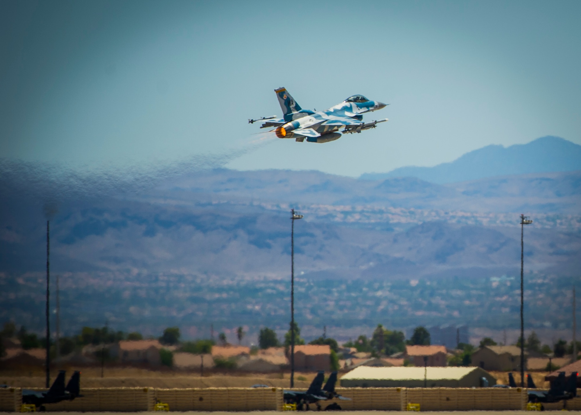 Lt. Col. Jan Stahl, 706th Fighter Squadron commander, departs for a training mission July 13, 2019, at Nellis Air Force Base, Nev. Red Flag focuses on the application of core missions to include Command and Control, Intelligence Surveillance, Strike and Personnel Recovery and how to work with Coalition counterparts to ensure success. The 706th Fighter Squadron oversees Air Force Reserve Command members assigned to the U.S. Air Force Warfare Center, supporting missions in its 57th Wing, 53rd Wing and 505th Command and Control Wing. Pilots assigned to the 706 FS fly an array of aircraft to include the F-15C, F-15E, F-16, F-22 and F-35 aircraft. To prepare combat air forces, joint and allied crews with realistic training, pilots in the 706 FS operate with the 64th Aggressor Squadron to facilitate operational threat replication, training, and feedback. The Red Flag exercise will continue through July 26, 2019.