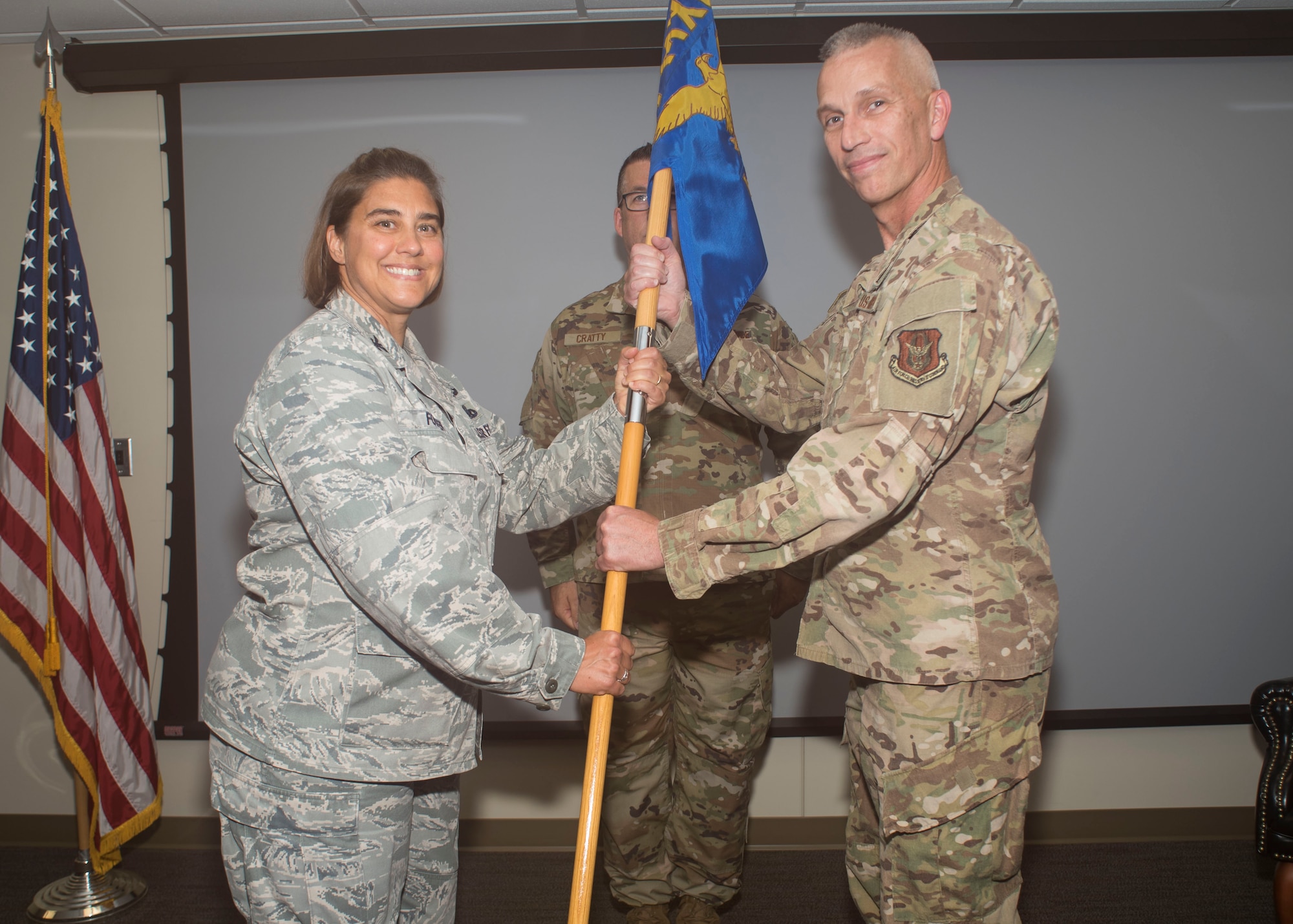 An assumption of command ceremony was held for the 927th Maintenance Squadron at the Auditorium here on July 14, 2019.
Col. Erika A. Foster, the commander of the 927th Maintenance Group, presided over the ceremony and introduced Maj. John Glass as the wing’s new MXS commander. (USAF photo by Senior Airman Tiffany Emery)
