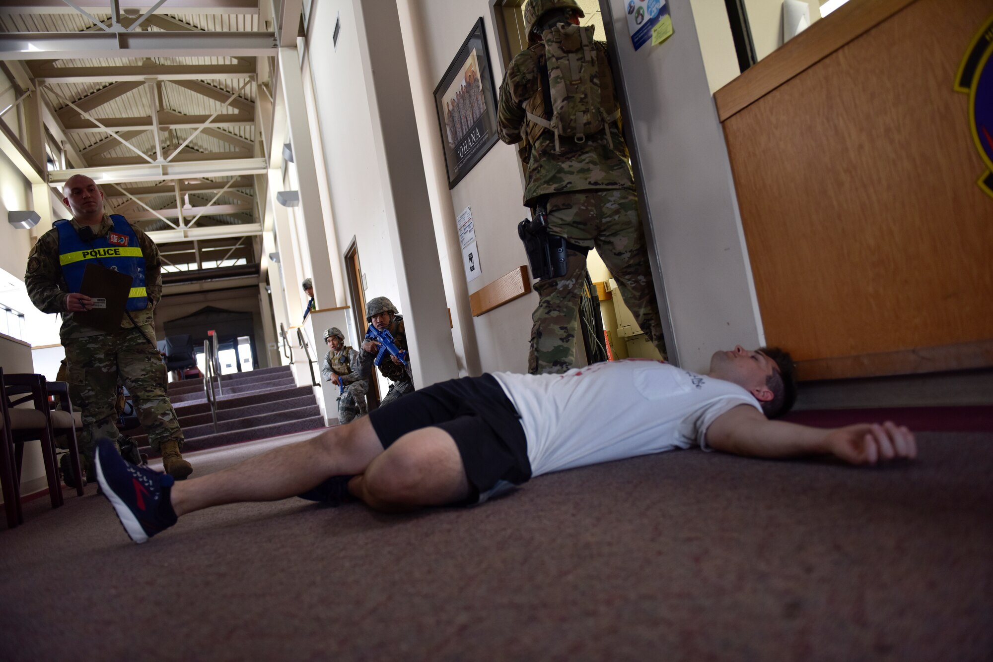Laughlin personnel participated in an active shooter training at Laughlin Air Force Base, Texas, July 22, 2019. The exercise, aimed at bolstering crisis readiness and response capabilities, simulated a hostage situation that lasted for nearly two hours. (U.S. Air Force photo by Staff Sgt. Benjamin N. Valmoja)