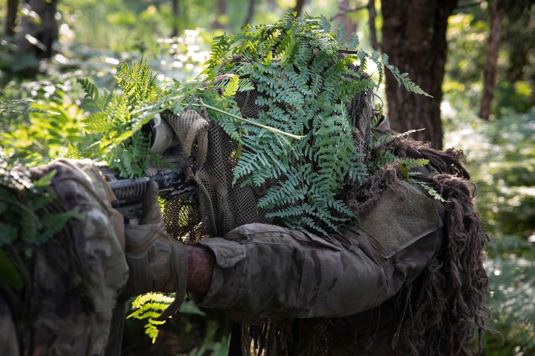 A solider covered in leaves in a wooded area.