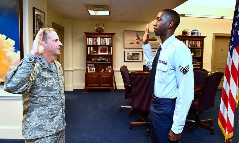 The Air Force Chief of Staff, Gen. David L. Goldfein reenlisted Staff Sgt. Kevin Greene in November 2017 and introduced him to the Wounded Warrior program. A Senior Airman at the time, separation from the service he loved due to an amputation from an injury was never an option for the healthcare management technician with the 920th Aeromedical Staging Squadron at Patrick Air Force Base, Florida. After a two-and-a-half-year fight, including three rejection letters and an in-person medical evaluation board, he once again donned his Air Force blues when the Air Force reinstated him back to duty. Greene scored six gold--two silver—and three bronze medals at the Wounded Warrior Games in Tampa, Florida June 21-30, 2019.  (U.S. Air Force photo)