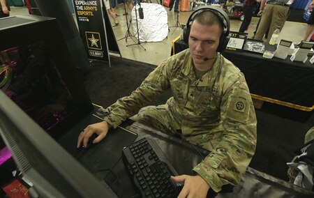 Sgt. David Blose competes online in Rainbow Six Siege as a representative of the Army Esports Team at the USA Skills Conference in Louisville, Kentucky, June 25, 2019.