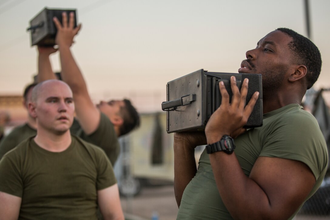 U.S. Marines assigned to Headquarters and Headquarters Squadron (H&HS) conduct H&HS's first Combat Fitness Test (CFT) of the year at Marine Corps Air Station Yuma, Ariz., July 17, 2019. A CFT is composed of an 880-yard sprint, lifting an ammunition can overhead repeatedly for two minutes, and performing a timed event, the maneuver-under-fire, in which Marines conduct combat-related tasks. (U.S. Marine Corps photo by Cpl. Sabrina Candiaflores)
