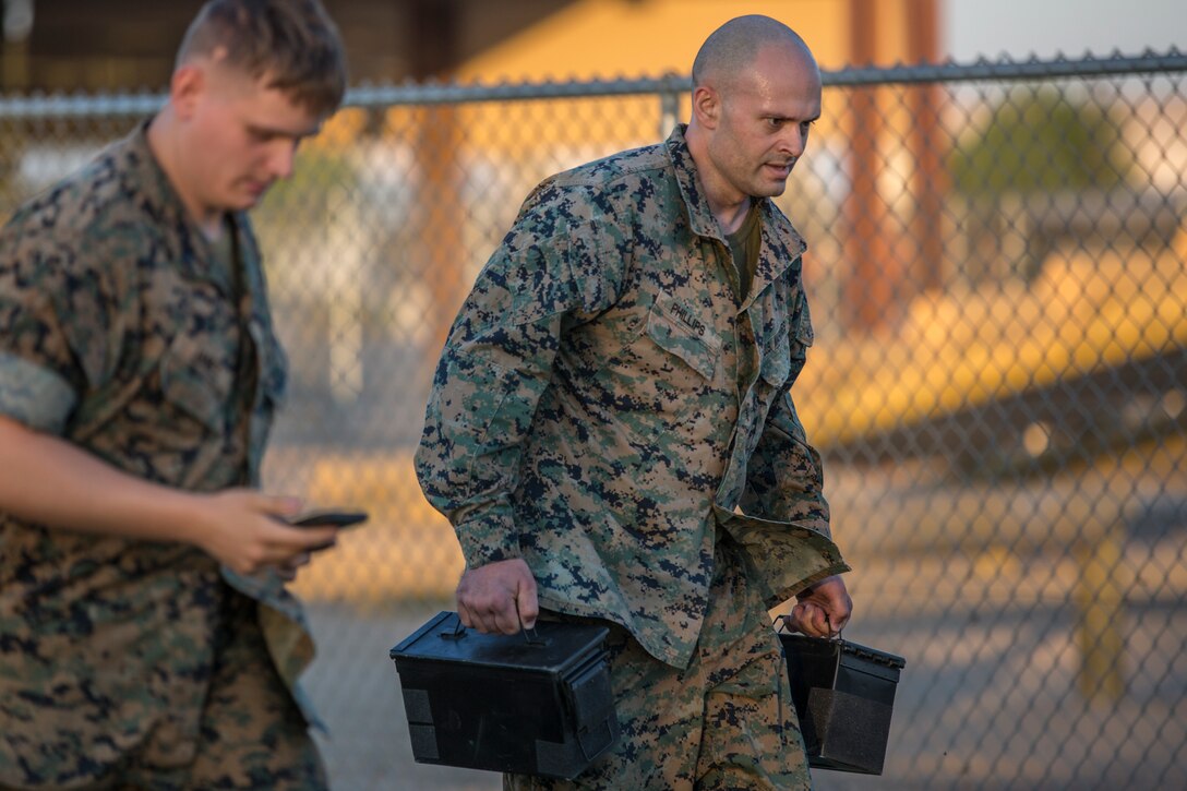 U.S. Marines assigned to Headquarters and Headquarters Squadron (H&HS) conduct H&HS's first Combat Fitness Test (CFT) of the year at Marine Corps Air Station Yuma, Ariz., July 17, 2019. A CFT is composed of an 880-yard sprint, lifting an ammunition can overhead repeatedly for two minutes, and performing a timed event, the maneuver-under-fire, in which Marines conduct combat-related tasks. (U.S. Marine Corps photo by Cpl. Sabrina Candiaflores)