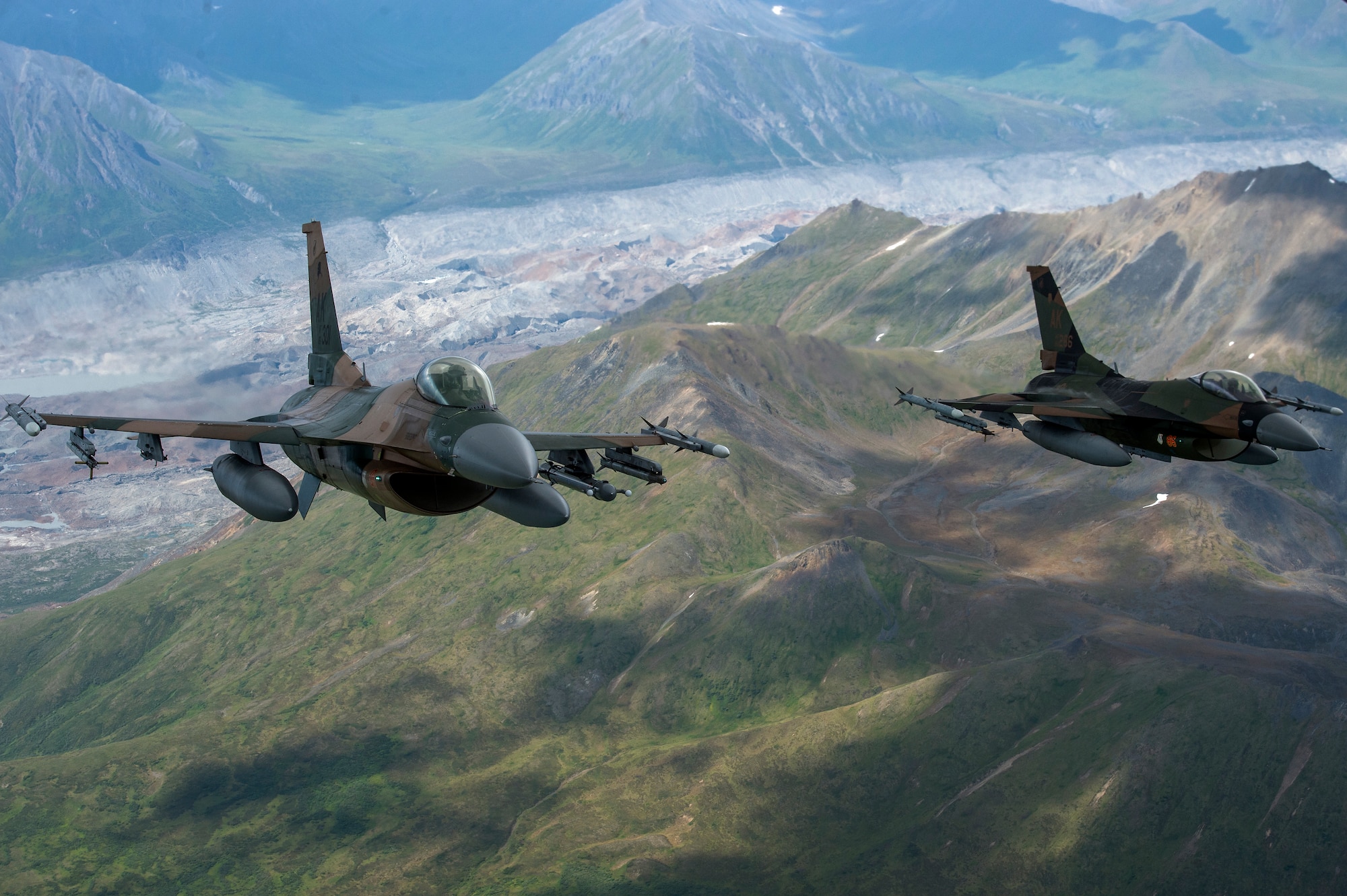 U.S. Air Force F-16 Fighting Falcons from Eielson Air Force Base, fly in formation over the Joint Pacific Alaska Range Complex, July 18, 2019.