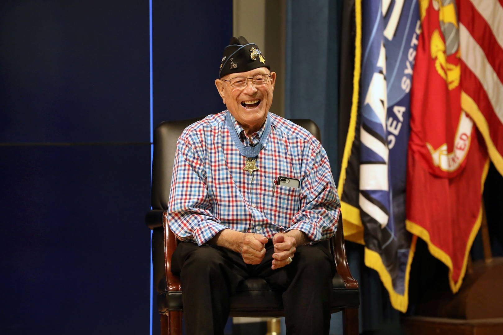 Marine Corps Medal of Honor recipient from Iwo Jima, Hershel "Woody" Williams, spoke to a at NAVSEA headquarters today. Hershel ‘Woody’ Williams received the military's highest decoration for valor for his heroism during the Battle of Iwo Jima in World War II.