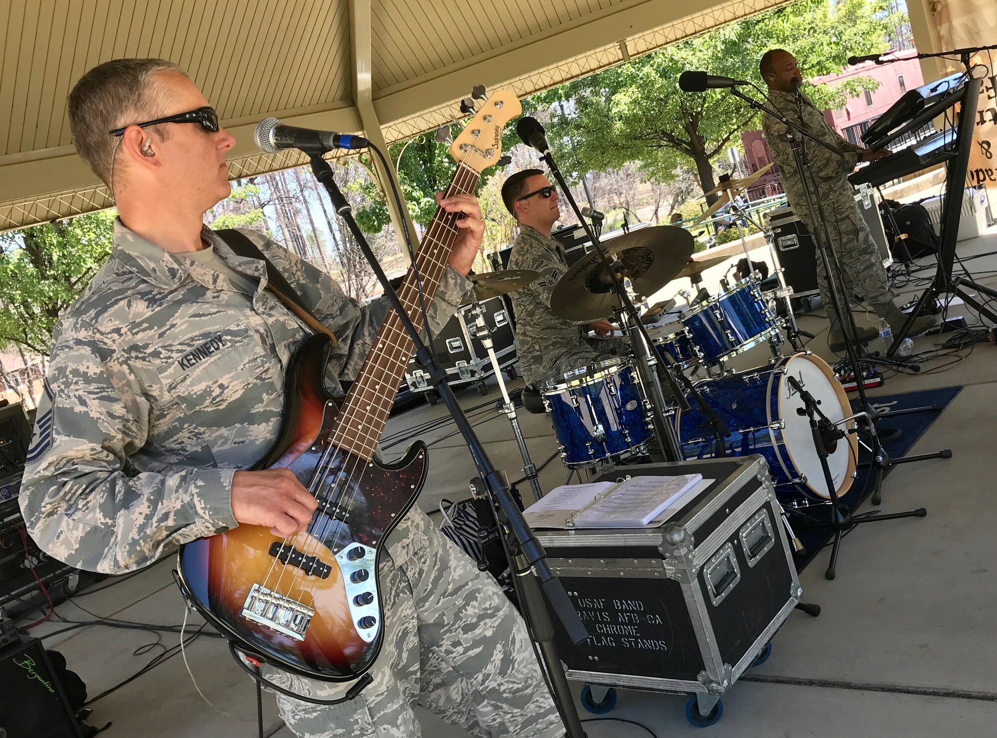 The rhythm section from Galaxy, the pop and country music ensemble of the U.S. Air Force Band of the Golden West, perform July 4, 2019, at Paradise, California. More than 150 men, women, children and U.S. military veterans attended the celebration. (U.S. Air Force photo by Tech. Sgt. John Marsh)