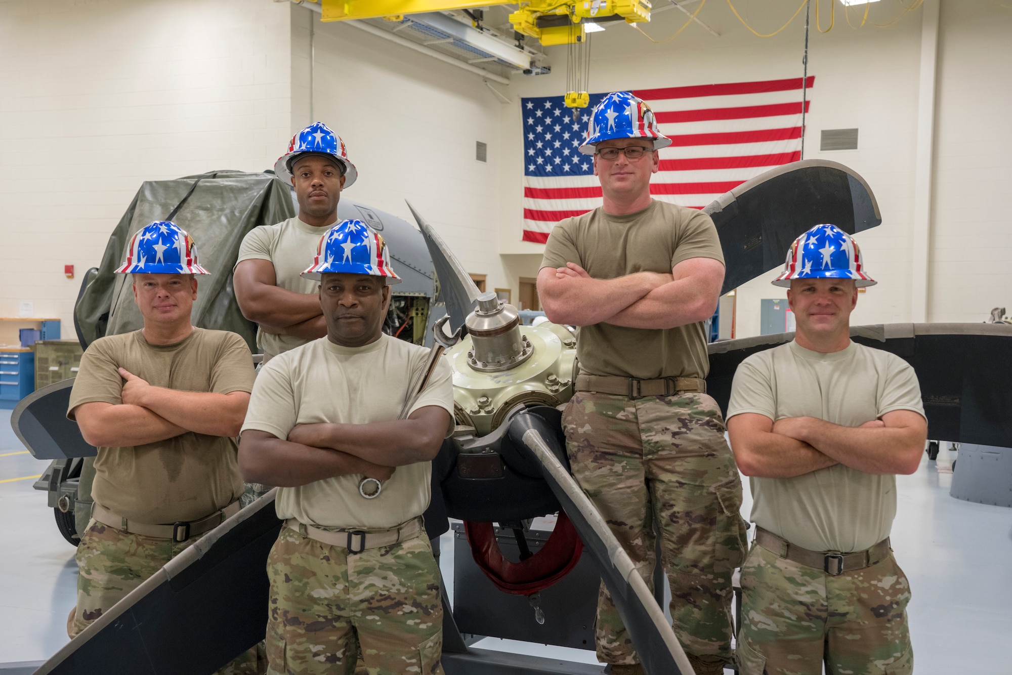 From left to right: Tech. Sgt. Christopher Botts, Staff Sgt. Robert Ricks, Master Sgt. Donald Maloid, Tech. Sgt. Jason Napointek and Master Sgt. Ronnie Graham work in the 403rd Aircraft Maintenance Squadron as aerospace propulsion technicians at Keesler Air Force Base, Mississippi. (U.S. Air Force photo by Tech. Sgt. Christopher Carranza)