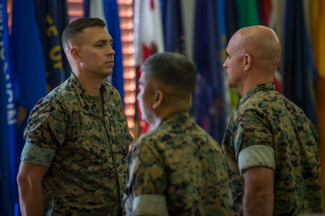 U.S. Marine Corps Gunnery Sgt. Jeremiah W. Francis retires after 20 years of service at the Sonoran Pubelo on Marine Corps Air Station Yuma, Ariz., July 12, 2019. Francis served as the Quality Assurance Chief, Airframes Chief, Squadron Gunnery Sergeant, and Flight Equipment Chief and was assigned to Marine Operational Test and Evaluation Squadron (VMX) One. (U.S. Marine Corps photo by Sgt. Isaac D. Martinez)