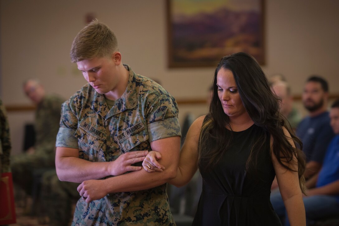 U.S. Marine Corps Gunnery Sgt. Jeremiah W. Francis retires after 20 years of service at the Sonoran Pubelo on Marine Corps Air Station Yuma, Ariz., July 12, 2019. Francis served as the Quality Assurance Chief, Airframes Chief, Squadron Gunnery Sergeant, and Flight Equipment Chief and was assigned to Marine Operational Test and Evaluation Squadron (VMX) One. (U.S. Marine Corps photo by Sgt. Isaac D. Martinez)