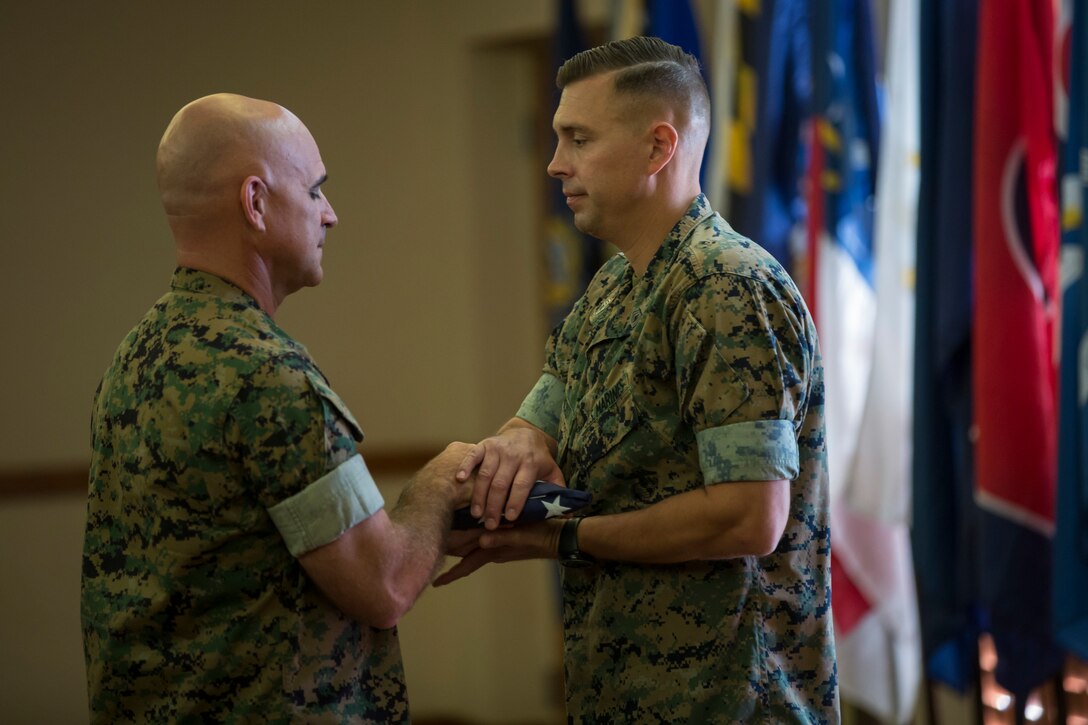 U.S. Marine Corps Gunnery Sgt. Jeremiah W. Francis retires after 20 years of service at the Sonoran Pubelo on Marine Corps Air Station Yuma, Ariz., July 12, 2019. Francis served as the Quality Assurance Chief, Airframes Chief, Squadron Gunnery Sergeant, and Flight Equipment Chief and was assigned to Marine Operational Test and Evaluation Squadron (VMX) One. (U.S. Marine Corps photo by Sgt. Isaac D. Martinez)