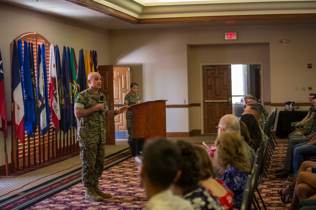 U.S. Marine Corps Gunnery Sgt. Jeremiah W. Francis retires after 20 years of service at the Sonoran Pubelo on Marine Corps Air Station Yuma, Ariz., July 12, 2019. Francis served as the Quality Assurance Chief, Airframes Chief, Squadron Gunnery Sergeant, and Flight Equipment Chief and was assigned to Marine Operational Test and Evaluation Squadron (VMX) One. (U.S. Marine Corps photo by Sgt. Isaac D. Martinez)
