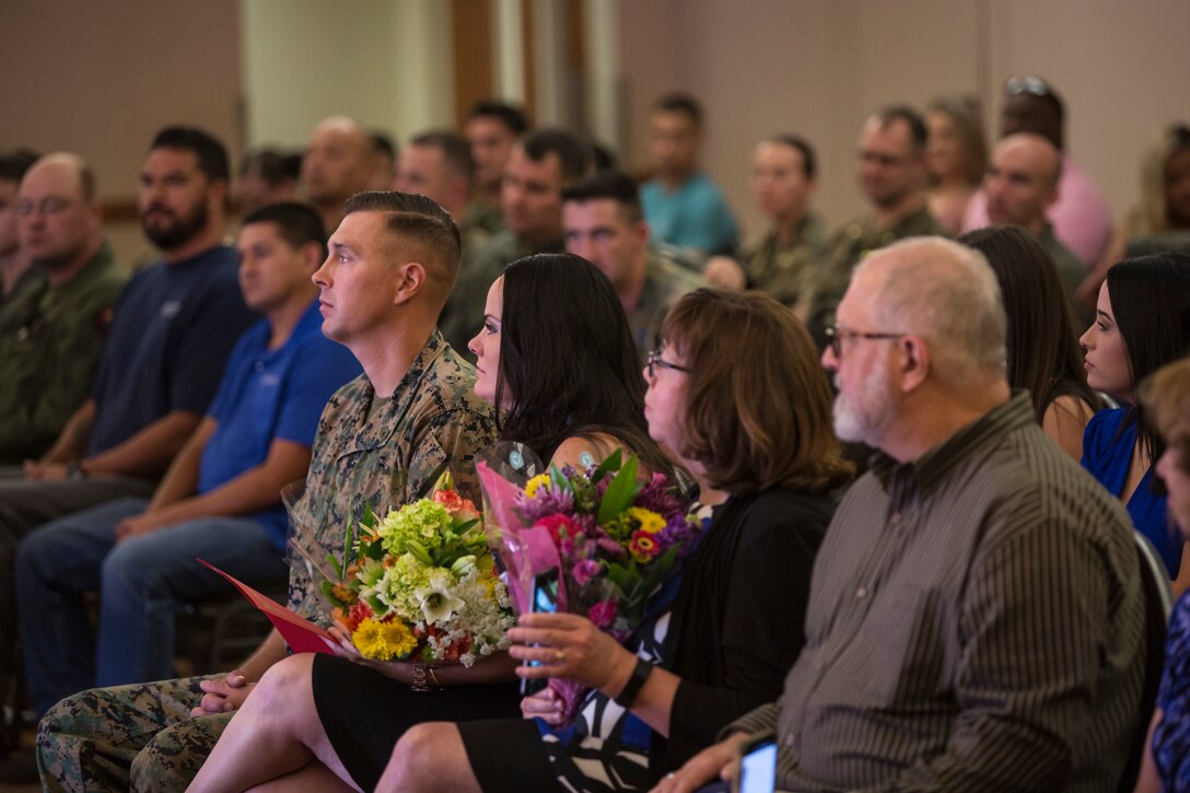 U.S. Marine Corps Gunnery Sgt. Jeremiah W. Francis retires after 20 years of service at the Sonoran Pubelo on Marine Corps Air Station Yuma, Ariz., July 12, 2019. Francis served as the Quality Assurance Chief, Airframes Chief, Squadron Gunnery Sergeant, and Flight Equipment Chief and was assigned to Marine Operational Test and Evaluation Squadron (VMX) One. (U.S. Marine Corps photo by Sgt. Isaac D. Martinez)