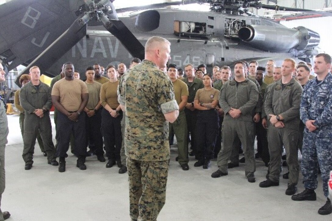 Maj. Gen. Bradley S. James speaks to the Sailors of Helicopter Mine Countermeasures Squadron (HM) 14 Korea detachment during his visit to Pohang. James spoke of the importance of the ROK-U.S. Alliance and the role the Sailors played in strengthening it. (U.S. Marine Corps photo by SSgt. Mel Johnson)