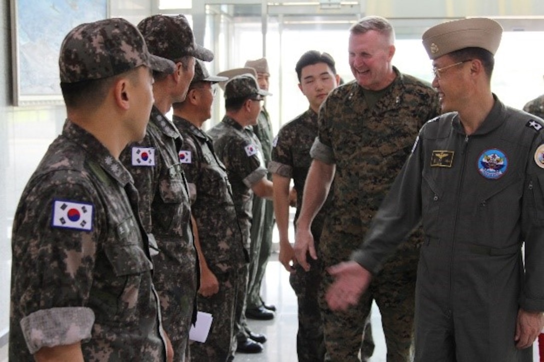 Maj. Gen. Bradley S. James, Commander of Marine Forces Korea, visits the ROK Naval Air Wing Six Headquarters, 18 July in Pohang, ROK.  James’ visit was part of his first peninsula tour to build relationships with the ROK Marine Force’s major subordinate commands and strength the ROK-U.S. Alliance. (U.S. Marine Corps photo by SSgt. Mel Johnson)