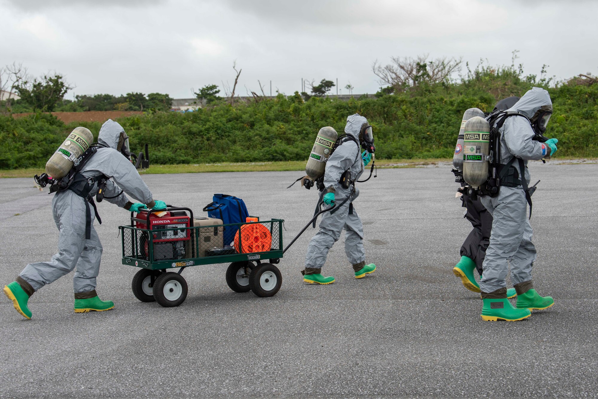 Members from the U.S. Army, Marines, Japan Air Self-Defense Force, Air Force and Air Force National Guard from Michigan and Texas participated in the Joint and Coalition Chemical, Biological, Radiological and Nuclear Response Exercise at Kadena Air Base, Japan, July 18, 2019.