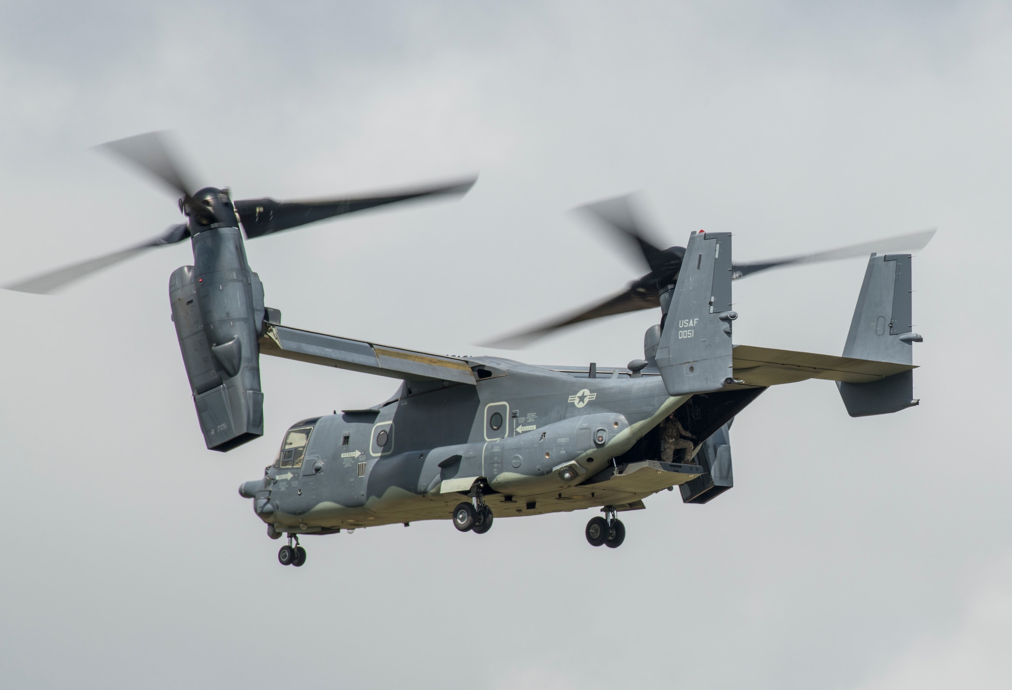 A U.S. Air Force CV-22 Osprey flies during the 2019 Royal International Air Tattoo at RAF Fairford, England, July 20, 2019. This year's RIAT commemorated the 70th anniversary of NATO and highlighted the United States' enduring commitment to its European allies. (U.S. Air Force photo by Airman 1st Class Jennifer Zima)