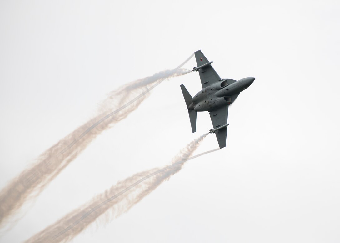 An Italian Air Force Leonardo T-346A flies past the audience during the 2019 Royal International Air Tattoo at RAF Fairford, England, July 20, 2019. This year, RIAT commemorated the 70th anniversary of NATO and highlighted the United States' enduring commitment to its European allies. (U.S. Air Force photo by Airman 1st Class Jennifer Zima)