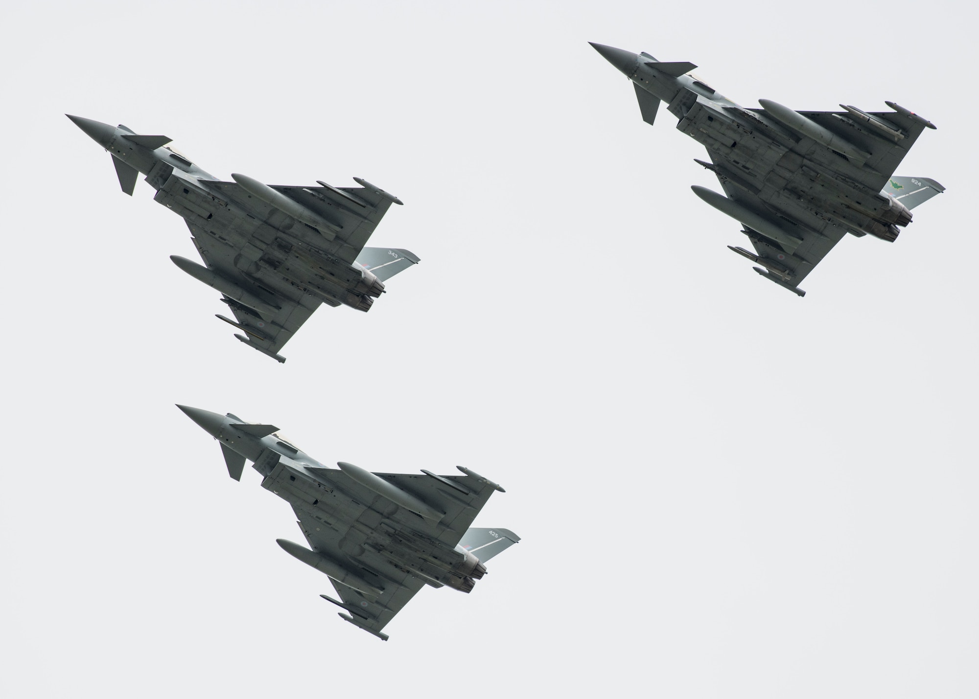 Royal Air Force Eurofighter Typhoons fly past the audience during the 2019 Royal International Air Tattoo at RAF Fairford, England, July 20, 2019. This year, RIAT commemorated the 70th anniversary of NATO and highlighted the United States' enduring commitment to its European allies. (U.S. Air Force photo by Airman 1st Class Jennifer Zima)