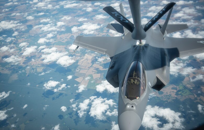 A U.S. Air Force F-35A Lightning II assigned to the 388th Fighter Wing, Hill Air Force Base, Utah, receives fuel from a KC-135 Stratotanker assigned to the 351st Air Refueling Squadron, RAF Mildenhall, England, during Operation Rapid Forge over Germany, July 23, 2019. Rapid Forge aircraft are forward deploying to bases in the territory of NATO allies to improve interoperability. The goal of the operation is to increase the readiness and responsiveness of U.S. forces in Europe and assist allies to increase regional security. (U.S. Air Force photo by Tech. Sgt. Emerson Nuñez)
