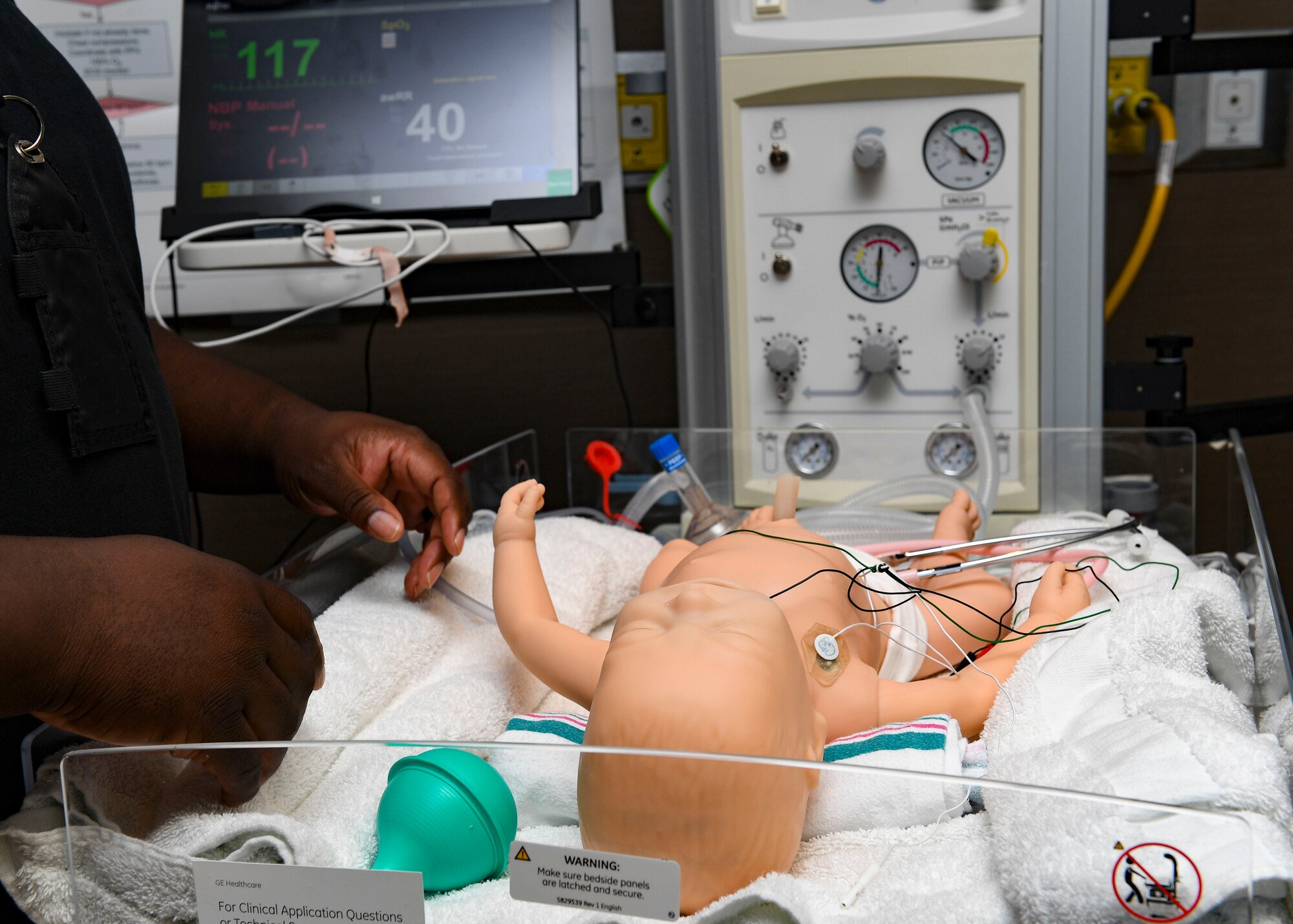 A Laerdal SimNewB is prepped for use, July 10, 2019, at Joint Base Langley-Eustis, Virginia.